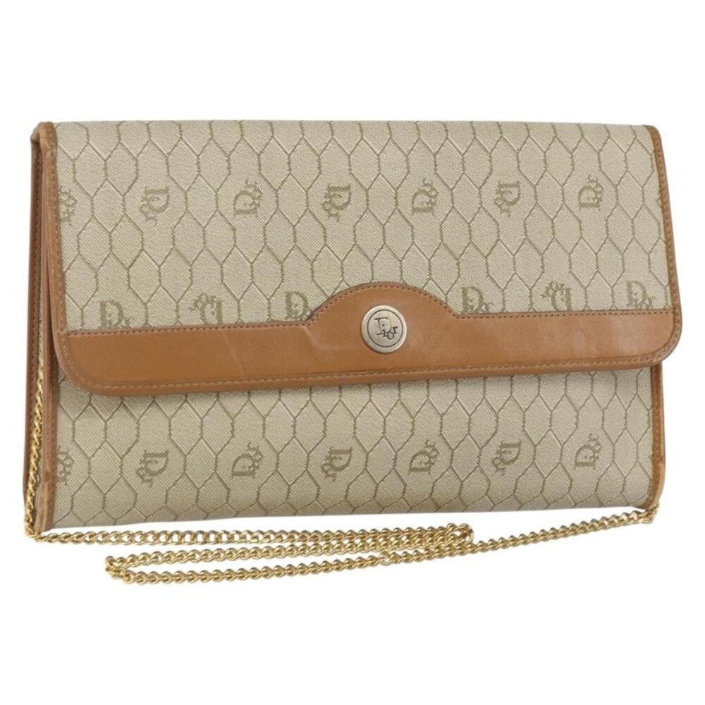 Authentic Christian Dior Honeycomb Canvas Chain Shoulder Bag PVC Beige Gold